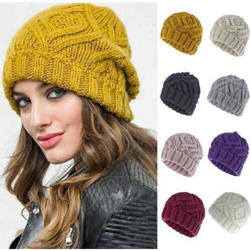 Winter Warm Twist Knitted Beanie Hat Unisex Rhombus Plaid Chunky Weave Solid Color Casual Outdoor Ski Stretchy Cuffed Skull Cap