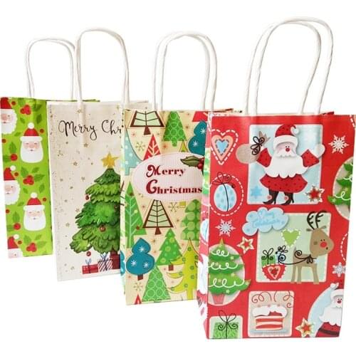 10 Pcs/lot 21x13x8cm Merry Christmas Gift Bag With Handle Decoration Kraft Paper Bag Lovely Christmas Tree Santa Claus Paper Bag
