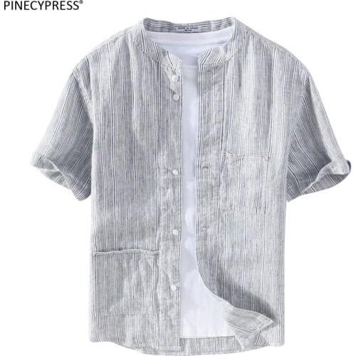 100% Linen Anti-static Breathable Anti-uv Summer Vintage Striped Hemp Short Sleeve Man Shirt Male Quality Men Casual Shirts