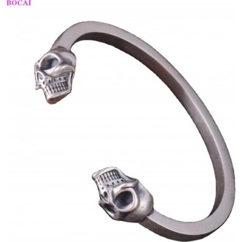 BOCAI 100% S999 Sterling Silver Bracelet Fashion Personality Exaggeration Double Skull Pure Argentum Bangle For Women And Men