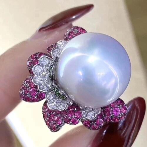 D119 Fine Jewelry 925 Sterling Silver Natural Fresh Water 13-14mm Edison White Peals Rings for Women Fine Pearls Rings