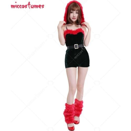 Adult Women Green and Red Furry Sexy Sleeveless Velvet Hoodie Bodysuit for Christmas Party with Belt and Legcovers