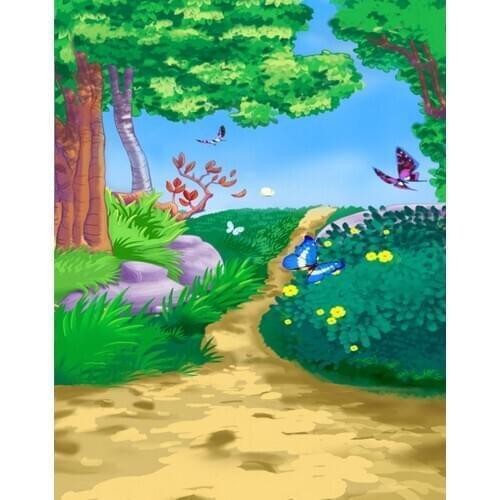 Cartoon Forest Tree Grass Butterfly for Children Photography Backdrops Photo Props Studio Background 5x7ft