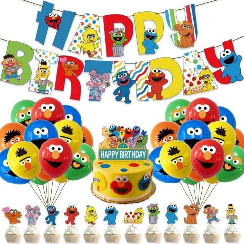 Sesame Street Theme Happy Birthday Party Decoration Pull Flag Banner Cake Insert Balloons Baby Shower Christmas Supplies