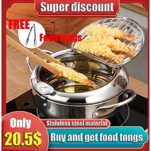 Japanese Style Tempura Fryer 304 Uncoated Household Fryer with a Thermometer and a Lid Oil can Food tongs stainless steel hot