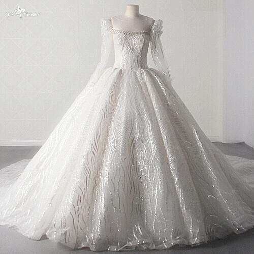 LZ458 Elegant O-Neck Long Sleeve Glitter Sequined Lace Wedding Dress Luxury Crystal Cathedral Train Fluffy Bridal Gown