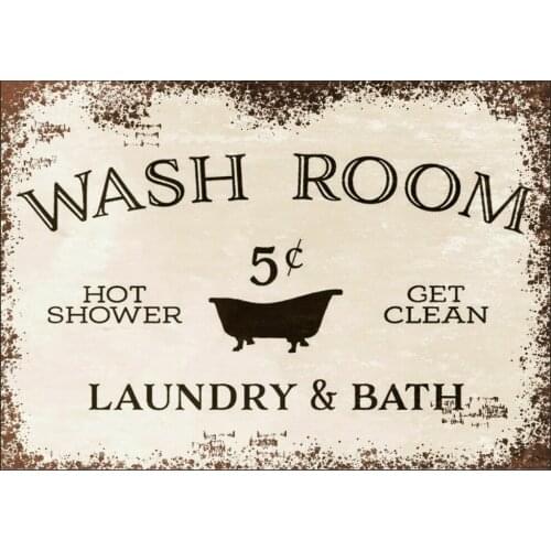 Washroom Bath & Laundry Metal Sign Home Plaque Vintage Retro Bathroom Shower Tin