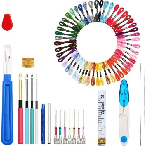 Punch Needle Tool Kit Embroidery Thread Soft Tape Measure Yarn Scissor Seam Thimble Threader Floss Poking Cross Stitching