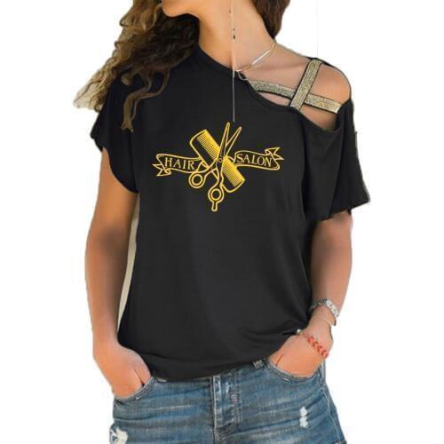 New Art Hair salon Tee Shirt Hairstyle Barber Shirt funny women Barber Room fashion Irregular Skew Cross Bandage style tee tops