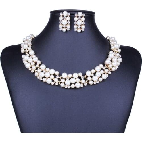 New Design 2 Colors Synthetic Pearl Jewelry Set Romantic Choker Necklace Earring For Wedding Bridal Luxury Costume Jewelry Set