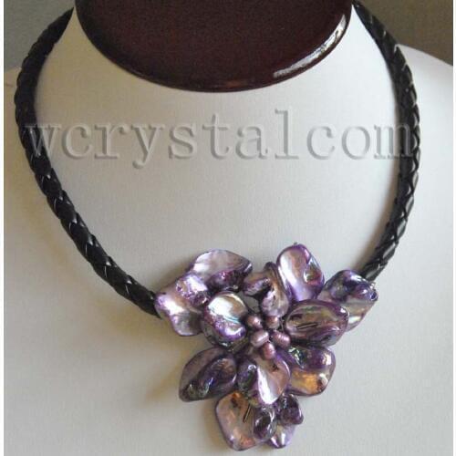 One purple shell flower floral cultured pearl necklace