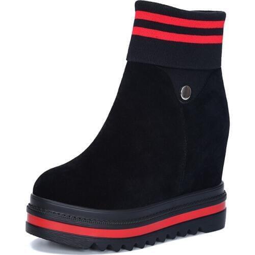 OLOMLB US4-10 Womens Round Toe Platform Ankle Boots Stitching Socks Wedge Super High Heel Zipper Shoes Punk Motorcycle Black F78