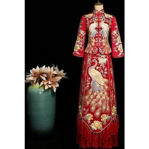 Couple Red Evening Gown Bride Toast Clothing Chinese Traditional Wedding Dress Dragon Gown Cheongsam Robe