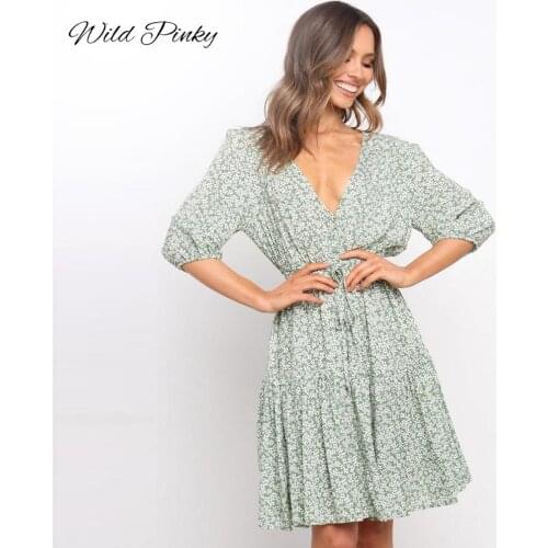 WildPinky Spring And Summer Women Dress Deep V-neck Floral Print Short Dress Half Sleeve Ladies Holiday Party Dress Vestidos