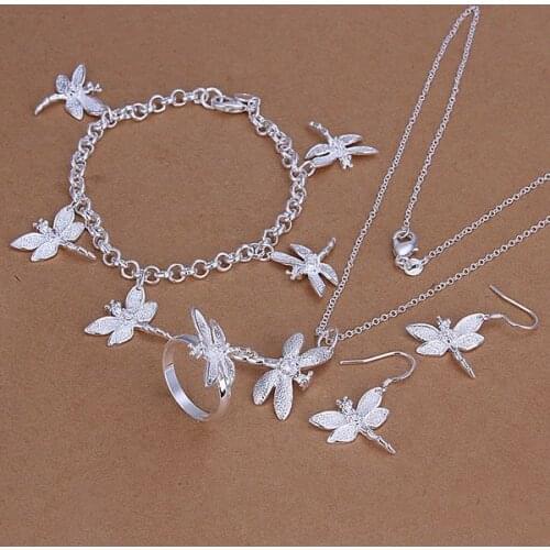 S302 Lovely Silver Color Jewelry Sets Silver Exquisite Jewelry Dragonfly Ring Drop Earrings Bracelet Necklace Fashion Jewelry