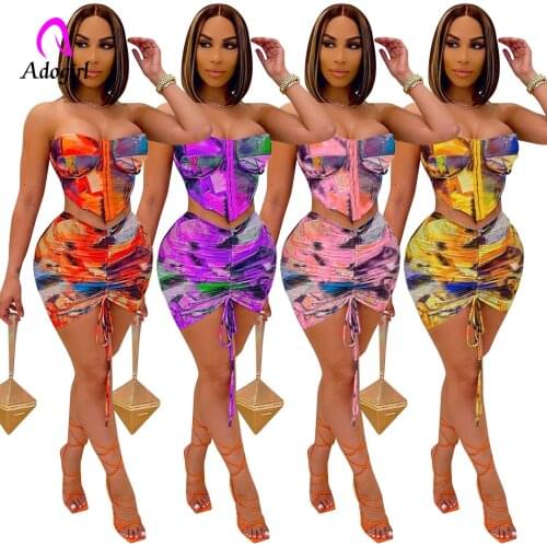 Tie Dye Women Skirt Set Off Shoulder Corset + Drawstring Mini Skirt Matching Suit Sexy Night Club Party 2 Piece Set Tracksuit