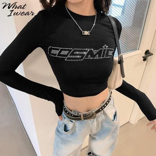 Breading Cotton Graphic Shirt Woman Casual Long Sleeve Streetwear Croped Top Stretchy Korean Style Fall basic Clothing kpop