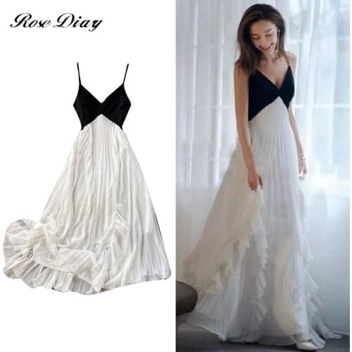 Women Summer Contrast Dresses 2021 V Neck Backless Robe Club Sexy Long Dress Ladies Slim Party Spaghetti Strap Maxi Clothes