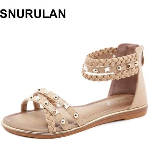 SNURULAN Rivet Weaving Womens Sandals Summer Ladies Shoes Non-Slip Beach Shoes Casual Walking Flats Retro Rome Sandalias Female