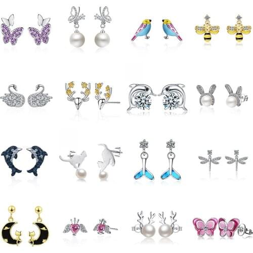 Viwisfy Cute Butterfly Bee Swan Animal Jewelry Crystal Earring Studs 925 Sterling Silver Earrings For Women VW21095