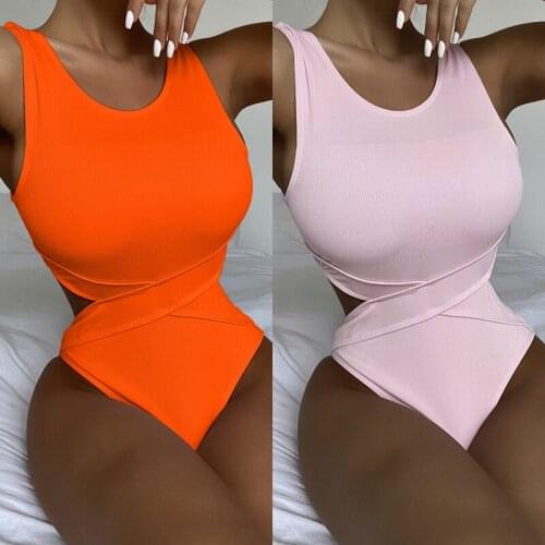 2021 Women Swimsuit Sexy One Piece Backless Female Bathing Suit Push Up New Monokini Solid Swimwear Texture Rib Crossover Waist