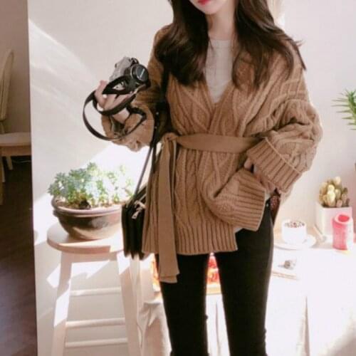 New Women Winter Knitted Cardigan Long Sleeve Bandage Sweater Coat Elegant Twist V-neck Loose Outwear Autumn Chic Jacket Korean