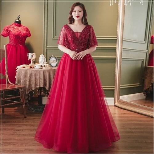 Sequins Simple Elegant Evening Dress Lace Up Pleat Short Sleeves Floor-Length A-Line Burgundy Plus Size Women Formal Gowns D885