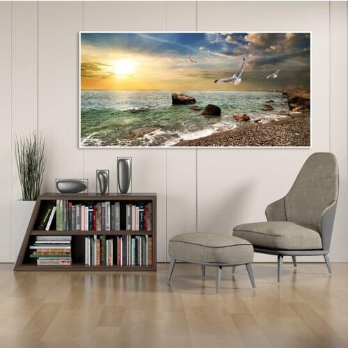 HD Print Painting Core Canvas Kids Room Decor 1 pieces Blue Sky And White Clouds Sunset Seascape Seagull Poster Modular Pictures