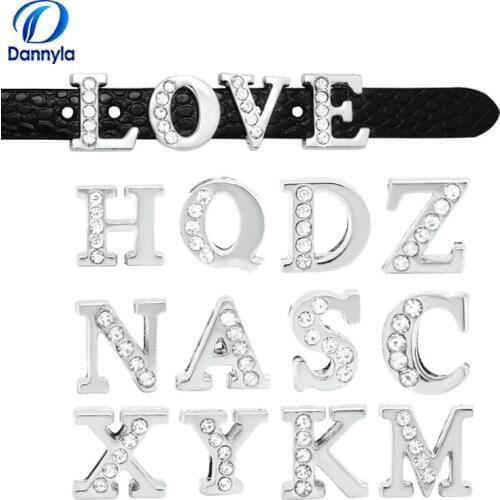 10pcs/lot 8mm Silver Color Half Rhinestones Slide Letters Fit 8mm Diy Wristband Bracelet Jewelry LSSL04