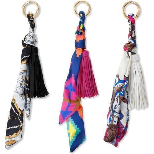 2021 Leather Tassel Satin Silk Scarves Keychain Bowknot Scarf Pendant Car Purse Bag Keyring Holder HandBag Key Ring Chains Girls