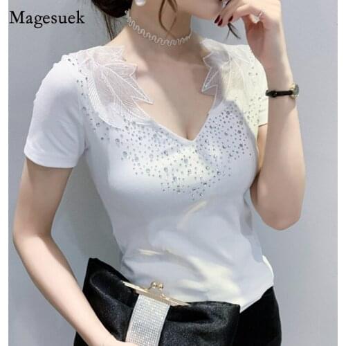2021 Summer Cotton T-shirt for Women V-neck Solid Gauze Diamond Short Sleeve T-shirt Sexy Style Elegant Slim Blouse Blusas 15647