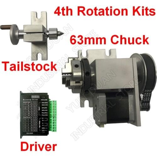 4 axis rotation A axis 4th rotary& 4 jaws Sanou K02-63 2.5" 63mm chuck & MT2 Tailstock & drive kits For Router Woodworking CNC