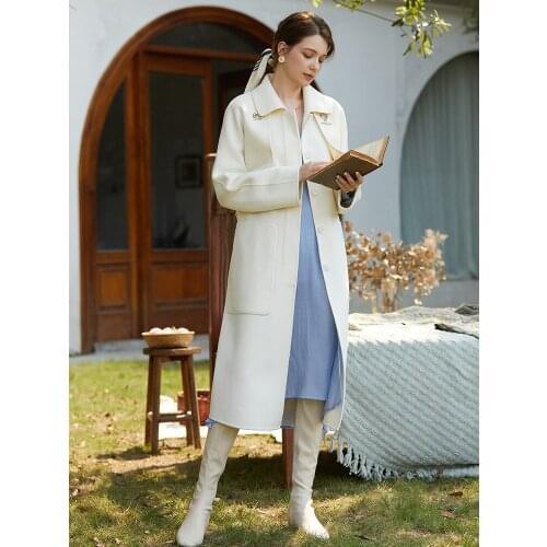 White pure Australian wool double-sided cashmere coat womens mid length waist closing high-end wool coat in autumn and