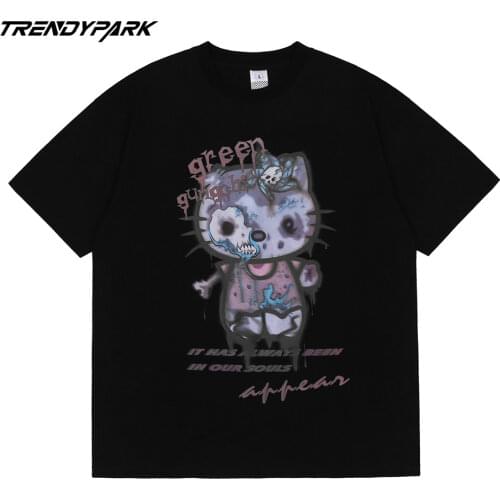 Men Hip Hop T Shirt Streetwear Rangy Kitty Cartoon Cat Print T-Shirt Harajuku Cotton 2021 Summer Short Sleeve Tshirt Black Shirt