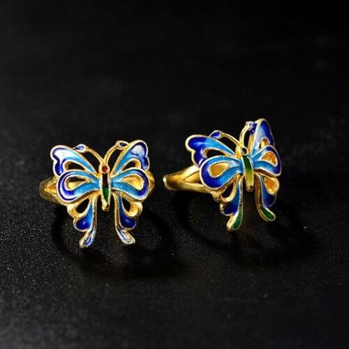 Cloisonne filigree Enamel Jewelry Sukhothai handmade s925 silver butterfly ring bluing process