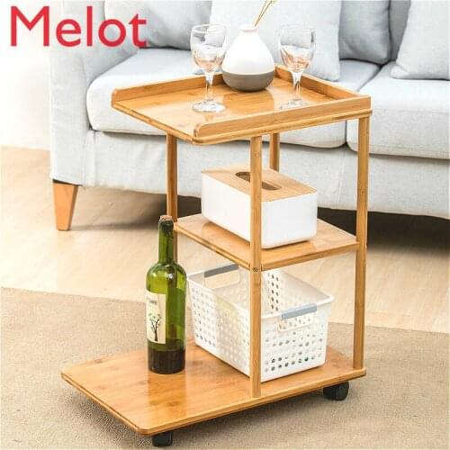 Natural bamboo multi-layer coffee table living room small table Side cabinet modern removable sofa storage rack with wheels