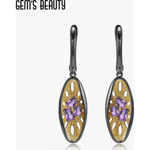GEMS BEAUTY 925 Sterling Silver 18K Gold Filled Earring For Women Unique Three-Stone With Natural Amethyst Round Hive Earring