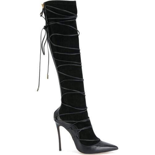 Chic Ladies Crossed Lace up Patchwork Socks Boots Thin High Heels Knee Boots Female Back Zipper Pointed toe Long Boots