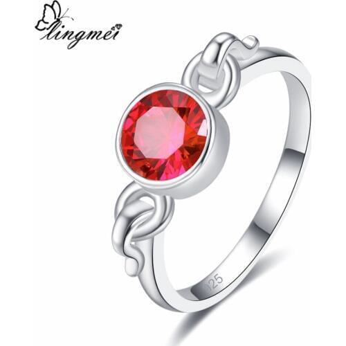 Lingmei Simple Style Fashion Round Red Cubic Zircon Silver Color Ring Size 6-9 Wedding Noble Women Anniversary Jewelry Gifts