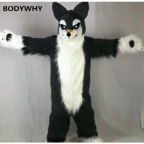 Cute Newly Dark Grey Husky Long Fur Wolf Mascot Costume Fursuit Animal Cosplay Animal Dress Parade Adults