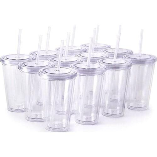 16oz Reusable Travel Ice Coffee Mugs Double Wall Insulate Clear Plastic Tumblers With Straw And Lid
