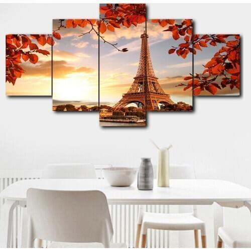 Canvas Wall Art Picture Printing Modular Home Decor 5 Panel Autumn Paris Tower HD Living Room Painting Modern Poster(No Frame)