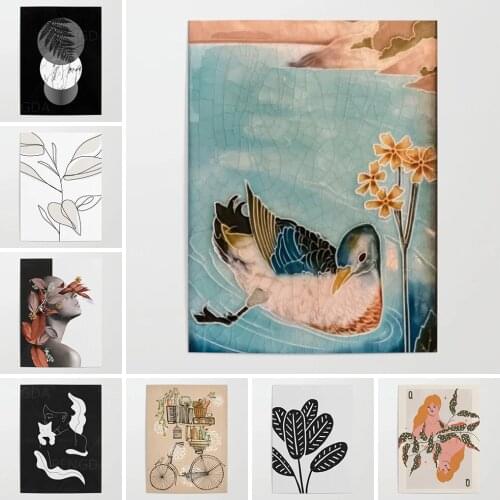 Wall Art HD Printed Mandarin Duck Poster Modular Girl and Cat Canvas Painting Home Decor Black White Plants Pictures Living Room