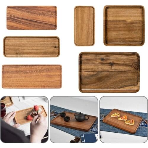 1Pcs Acacia Wood Serving Tray Square Rectangle Breakfast Sushi Snack Bread Dessert Cake Plate With Easy Carry Grooved Handle New