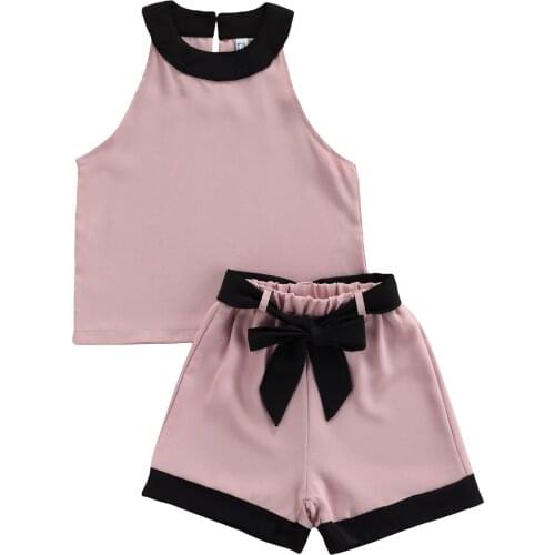 New Girls Casual Two-piece Clothes Set, Pink Round Collar Sleeveless Tops and Elastic Waist Shorts