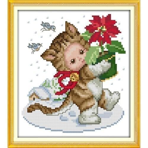 Christmas cat Printed Canvas Cross Stitch Kit Home Decore 14CT Canvas DMC Embroidery Needlework Cross-stitch set Handmade