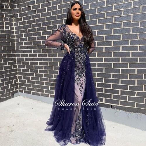 Navy Blue Long Sleeve Muslim Evening Dress Overskirt Gray V-Neck Arabic Formal Dresses Elegant Long Women Wedding Party Gowns