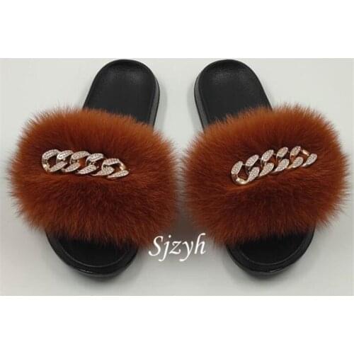 Womens Summer Real Fox Fur Slides Girls Designer Falt Sandals Fashion Chain Slippers Ladies Plush Flip Flops Female Home Shoes