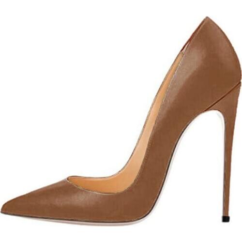 Dark brown pumps PU leather 12cm high heeled shoes women fashion ladies sexy pointed toe plus size 45 YG001 ROVICIYA