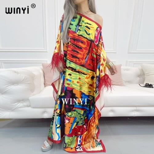 WINYI summer 2021 Popular Bohemian Feather Caftan Floor Length Lady Maxi Dress Dashiki Middle East Ramadan Muslim Women Dress